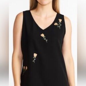 Rena Rowan 100% Silk Black Top with Pink Floral Accents